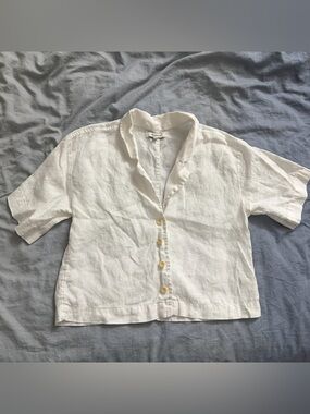 Madewell White 100% Linen Short Sleeve Cropped Button Down Shirt Small EPC